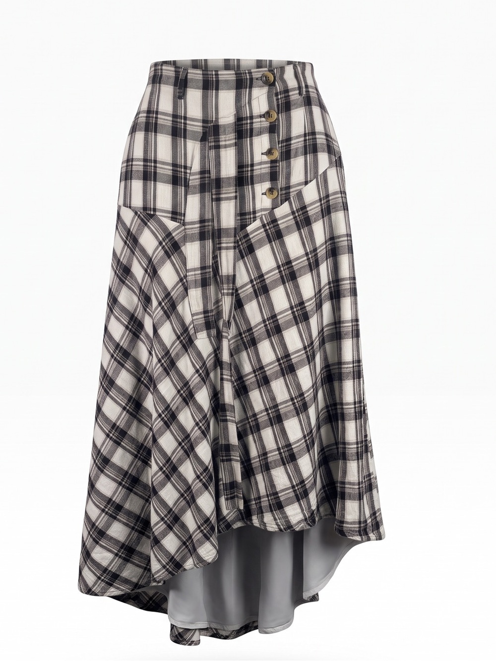 Free People Black and White Plaid High-Low Midi Skirt